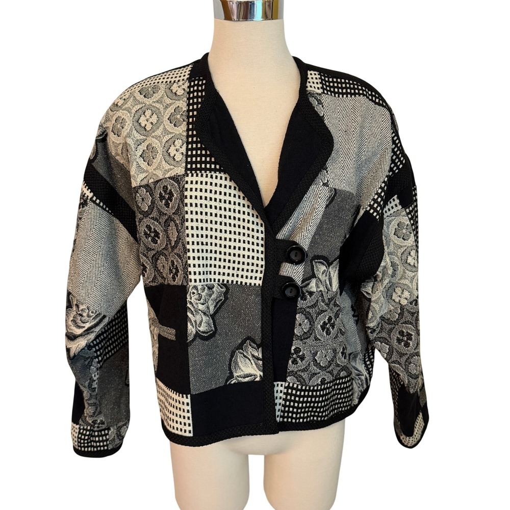 VTG Reversible Patchwork Tapestry Jacket Size Large Black White Geometric